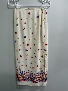 Kasper Cream Floral Midi Skirt with Red, Blue & Yellow Accents